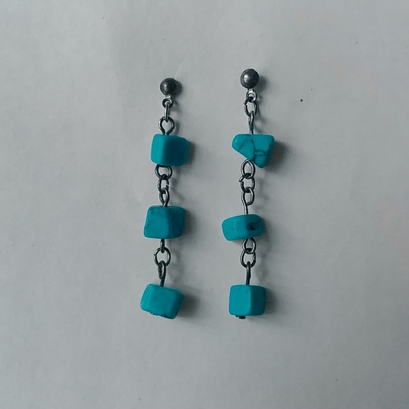 Turquoise and Silver Dangle Drop Bohemian Long Earrings - Picture 1 of 2